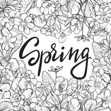 Spring text. Hand lettering with hand drawn flowers and leaves Stock Illustration