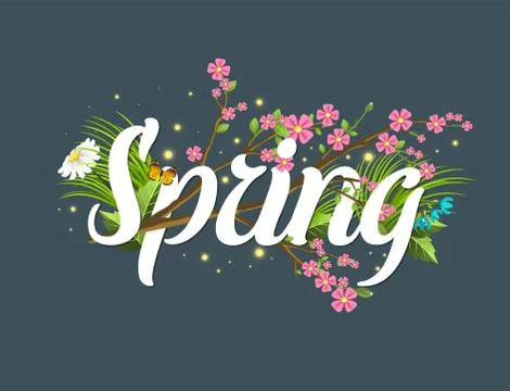 Spring text lettering background with flower floral green text letter ornament Stock Illustration