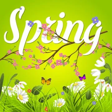 Spring text lettering background with flower floral green text letter ornament Stock Illustration