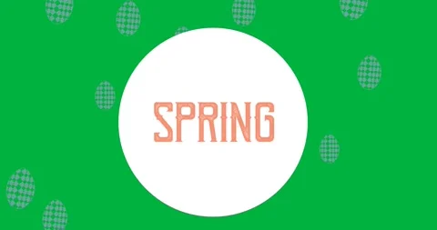 Spring text over round banner against multiple ester eggs icons floating on Video stock 318432637