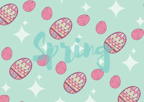 Spring text with stars and easter eggs on green background Illustrazione stock