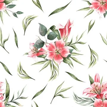 Spring texture hand-drawn by watercolor. Seamless pattern with pink lilies an Stock Illustration