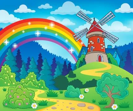 Spring theme with windmill - illustration. Stock Illustration