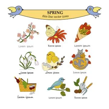 Spring thin line colored vector icons Stock Illustration