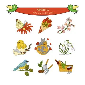 Spring thin line colored vector icons Illustrazione stock