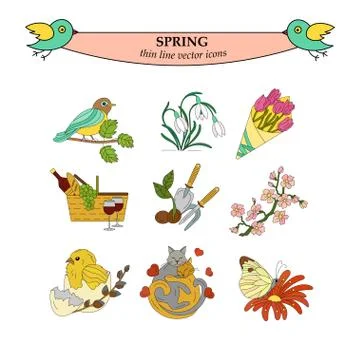 Spring thin line colored vector icons Stock Illustration
