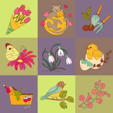 Spring thin line colored vector icons Stock Illustration