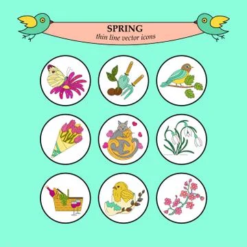 Spring thin line colored vector icons Stock Illustration