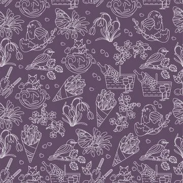 Spring thin line seamless pattern with vector icons Illustrazione stock