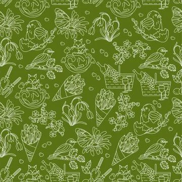 Spring thin line seamless pattern with vector icons Stock-Illustration