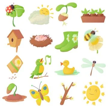 Spring things icons set, cartoon style Stock Illustration