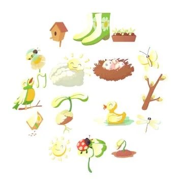 Spring things icons set, cartoon style Stock Illustration