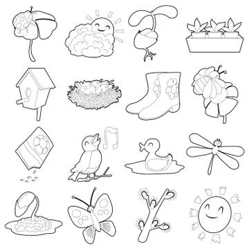 Spring things icons set, cartoon outline style Stock Illustration