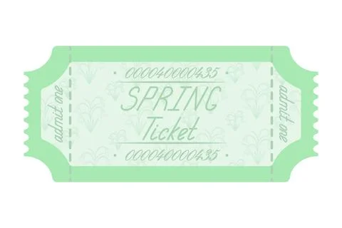 Spring ticket. Green ticket "admit one." Snowdrop flower background pattern. Illustrazione stock