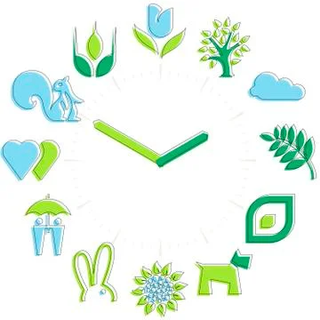Spring time. Activities icons in a watch sphere with hours. Illustrazione stock