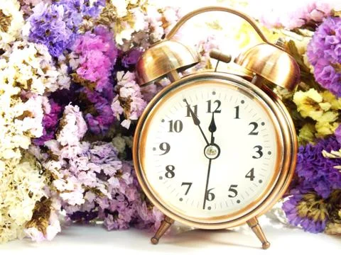 Spring time with alarm clock and statice flowers bouquet background Stockfoto's