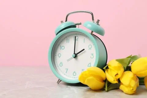 Spring time. Alarm clock and beautiful tulips on grey marble table against .. Stock Photos