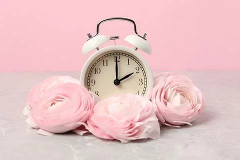 Spring time. Alarm clock and beautiful ranunculus flowers on grey marble ta.. 스톡 사진