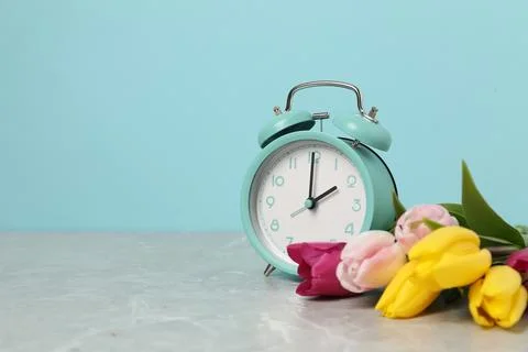 Spring time. Alarm clock and beautiful tulips on grey marble table against .. 写真素材