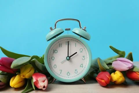 Spring time. Alarm clock and beautiful tulips on wooden table against light.. Stock Photos
