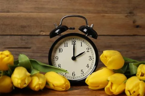 Spring time. Alarm clock and beautiful tulips on wooden table Stock Photos