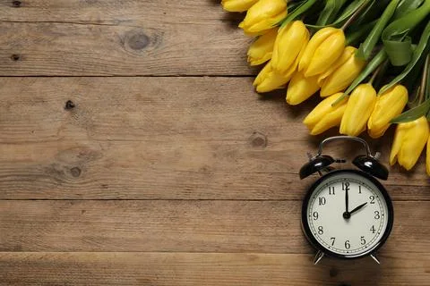 Spring time. Alarm clock and beautiful tulips on wooden table, flat lay. Sp.. Stock Photos