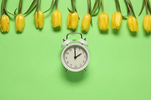 Spring time. Alarm clock and beautiful tulips on green background, flat lay Stock Photos