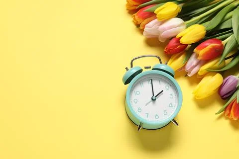 Spring time. Alarm clock and beautiful tulips on yellow background, flat la.. Stock Photos