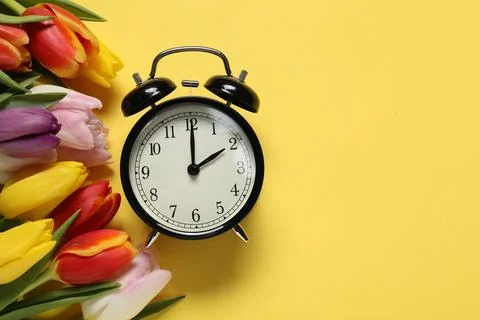 Spring time. Alarm clock and beautiful tulips on yellow background, flat la.. 스톡 사진