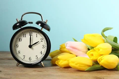 Spring time. Alarm clock and beautiful tulips on wooden table against light.. Stock Photos