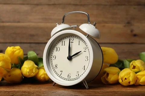 Spring time. Alarm clock and beautiful tulips on wooden table Stock Photos