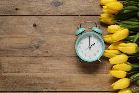 Spring time. Alarm clock and beautiful tulips on wooden table, flat lay. Sp.. Stock Photos