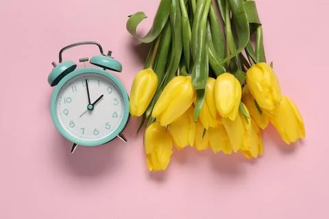 Spring time. Alarm clock and beautiful tulips on pink background, flat lay Stock Photos