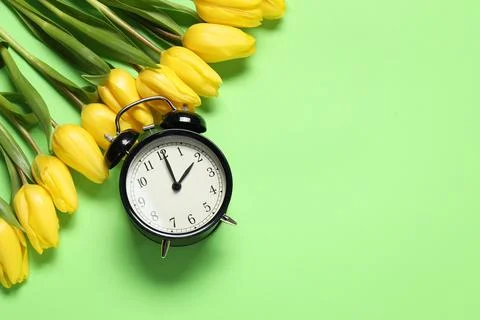 Spring time. Alarm clock and beautiful tulips on green background, flat lay.. Stock Photos