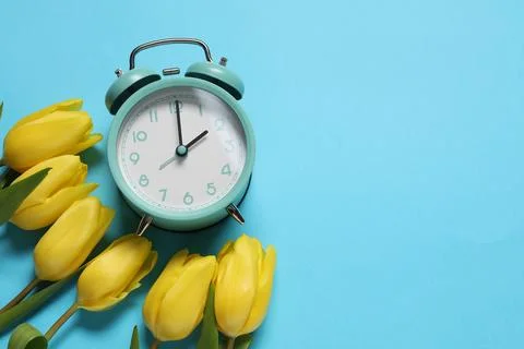 Spring time. Alarm clock and beautiful tulips on light blue background, fla.. Stock Photos