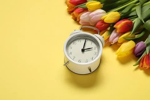 Spring time. Alarm clock and beautiful tulips on yellow background, space f.. Stock Photos