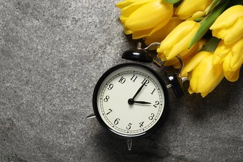 Spring time. Alarm clock and beautiful tulips on grey table, flat lay. Spac.. 스톡 사진