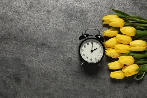 Spring time. Alarm clock and beautiful tulips on grey table, flat lay. Spac.. 写真素材