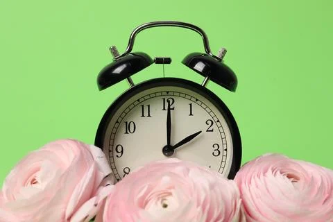 Spring time. Alarm clock and beautiful ranunculus flowers on green backgrou.. Stock Photos