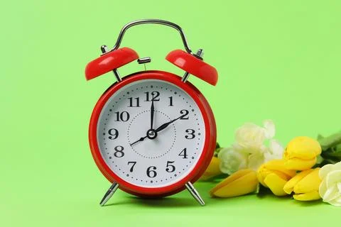 Spring time. Alarm clock and beautiful flowers on green background Stock Photos