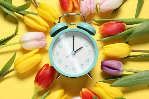 Spring time. Alarm clock and beautiful tulips on yellow background, flat lay Foto stock
