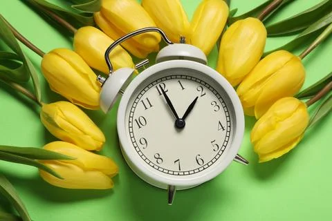 Spring time. Alarm clock and beautiful tulips on green background, flat lay 스톡 사진