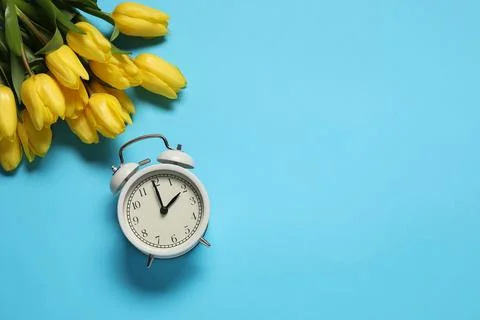 Spring time. Alarm clock and beautiful tulips on light blue background, fla.. Stock Photos