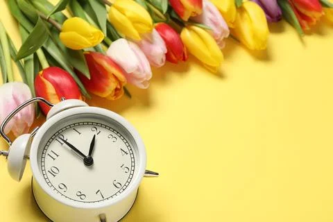 Spring time. Alarm clock and beautiful tulips on yellow background, above v.. 写真素材