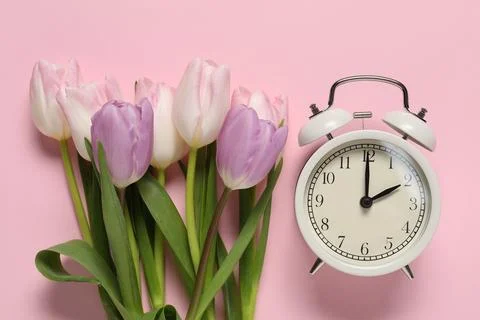 Spring time. Alarm clock and beautiful tulips on pink background, flat lay Foto stock