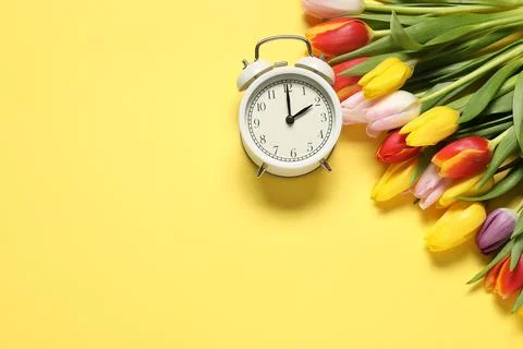 Spring time. Alarm clock and beautiful tulips on yellow background, flat la.. Foto stock