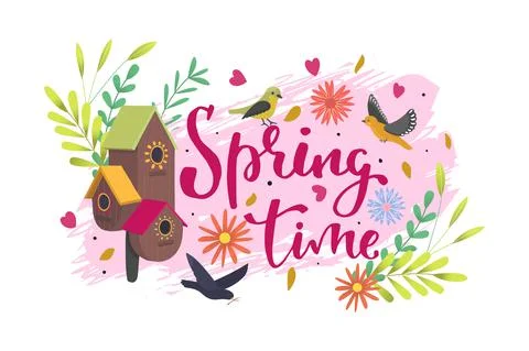 Spring time banner, vector illustration. Poster with lettering text design Stock Illustration