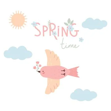 Spring time card with bird in the sky with flower Illustrazione stock