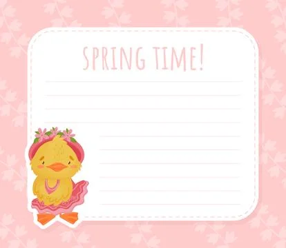 Spring Time Card Frame with Cute Yellow Duckling Chick Vector Template Stock Illustration