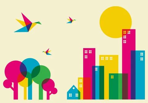 Spring time city Spring time in the city. Full color humming birds flying ... Stock Photos